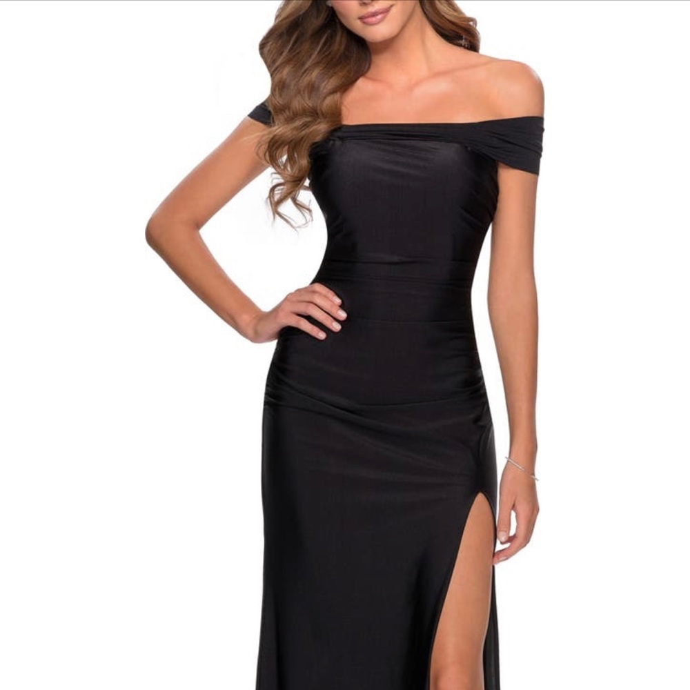 La Femme Black Off-Shoulder Slit Evening Gown